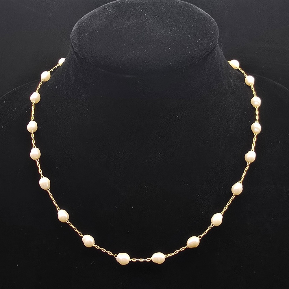 Avon Faux Pearl Beaded Chain Necklace Gold Tone